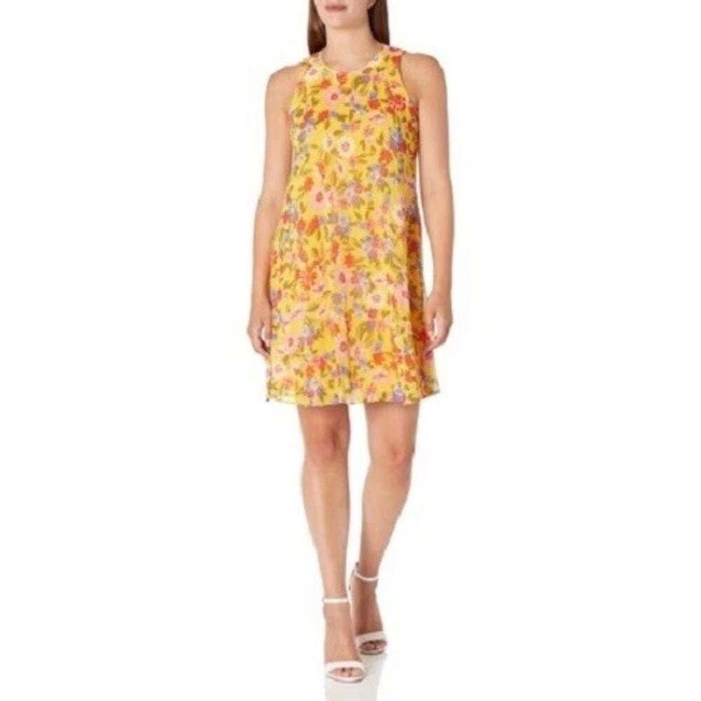 Calvin Klein Yellow Floral Chiffon Trapeze Shift Dress Size‎ 10 Summer Vacation